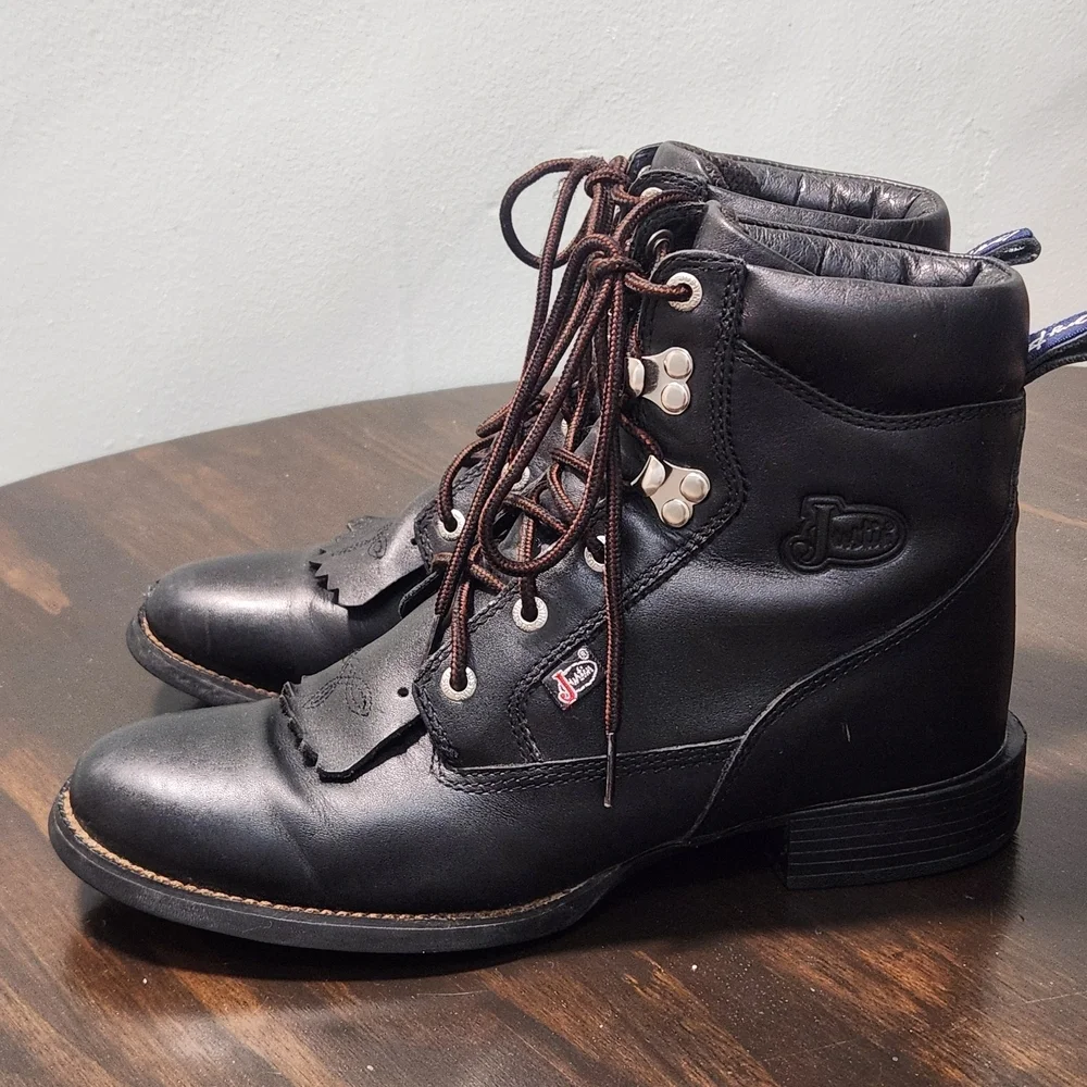 Justin Women's Western Black Leather Kiltie George Strait Boots 8.5 B L606 - Picture 3 of 10